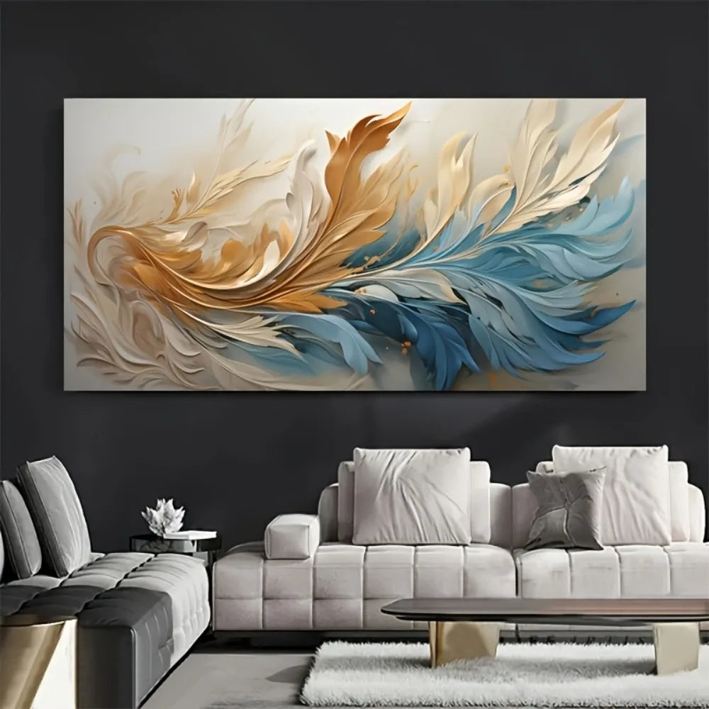 Modern Gold Feather Canvas Art With Pine Wood Frame
