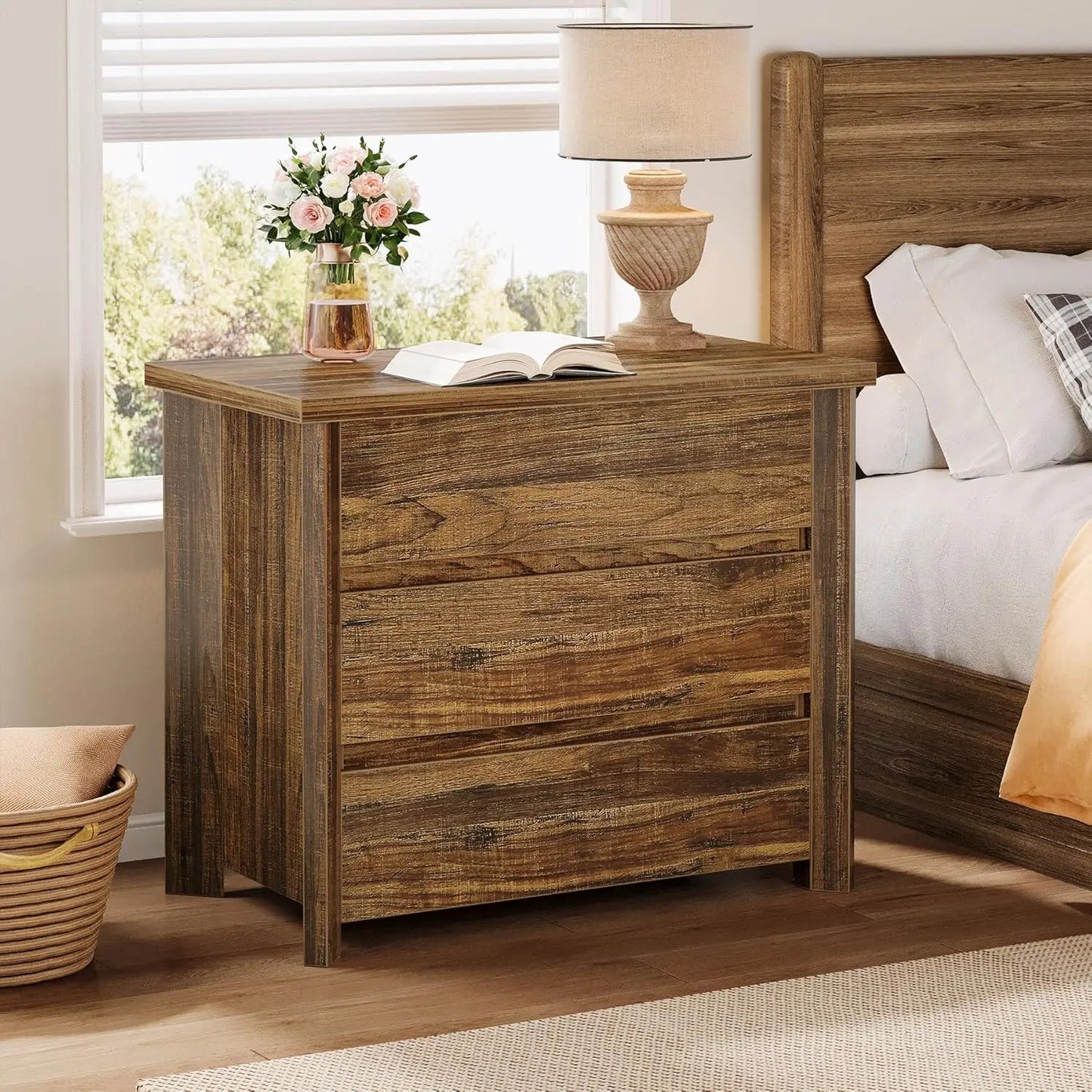 Wood Nightstand With 3 Drawers Farmhouse Bedside Table
