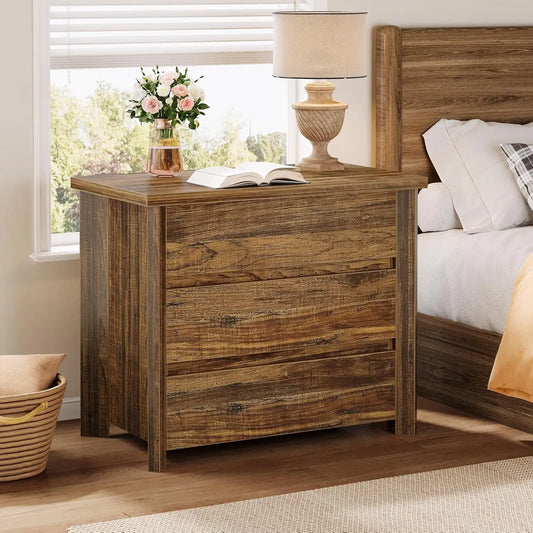 Wood Nightstand With 3 Drawers Farmhouse Bedside Table