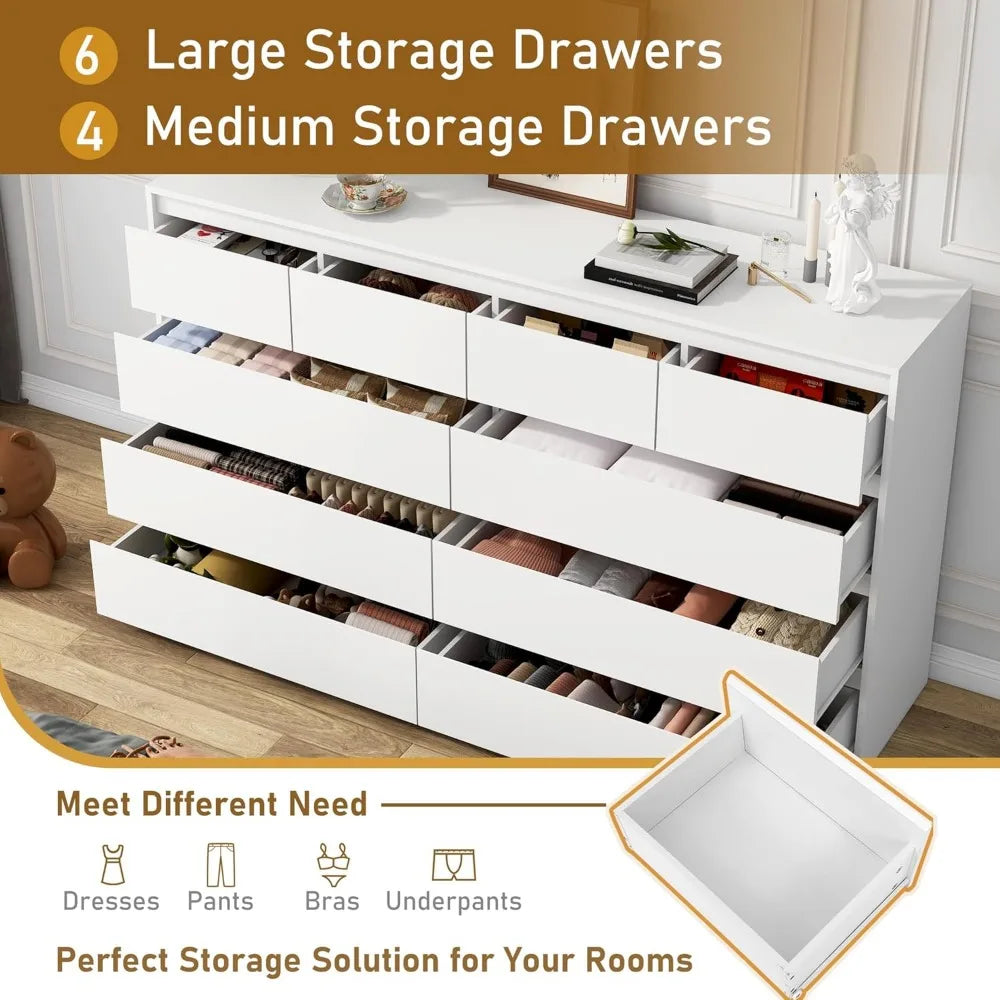 White Malm Dresser 55 Wide 10 Drawers Modern Wood Chest