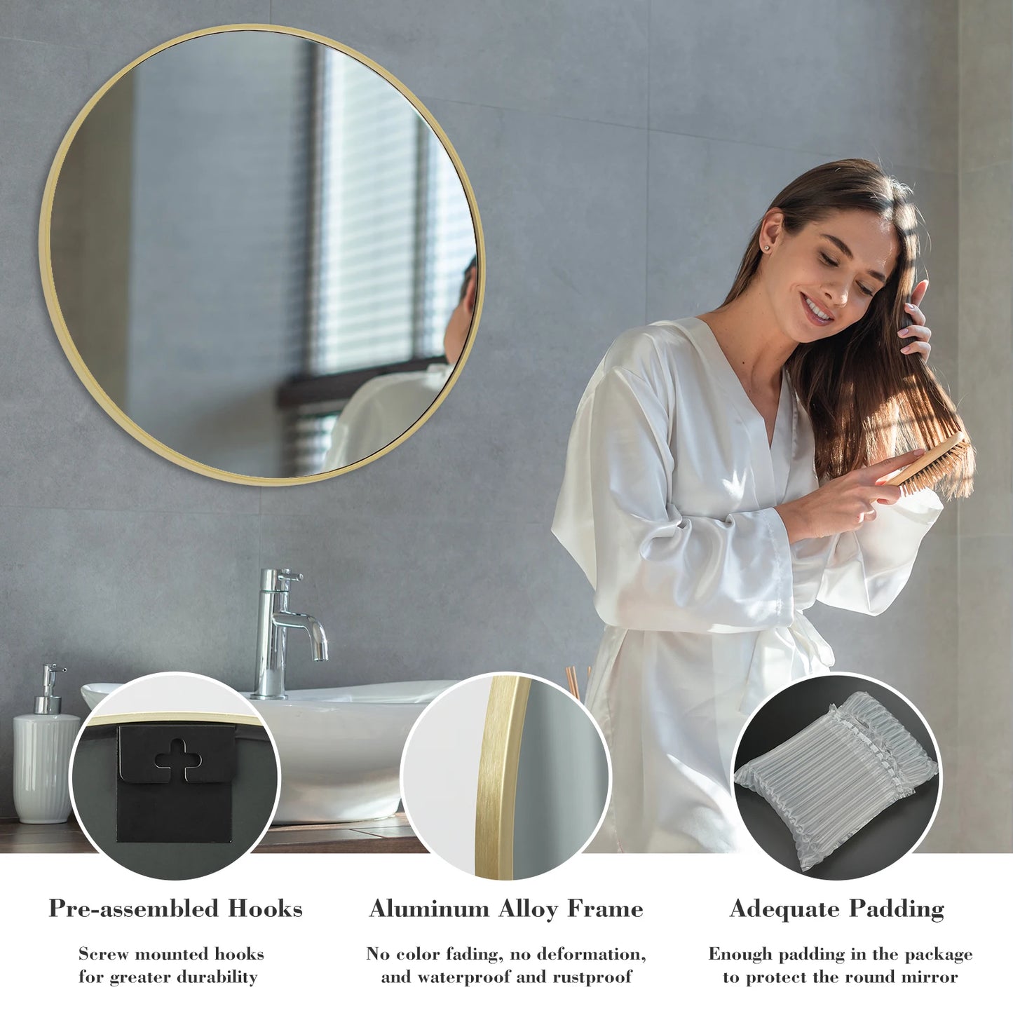 JHK Gold Round Vanity Mirror 30 Inch Matte Metal Frame