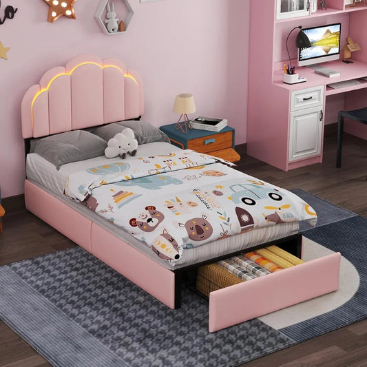 Upholstered LED Bed Frame Petal Headboard Storage Drawer