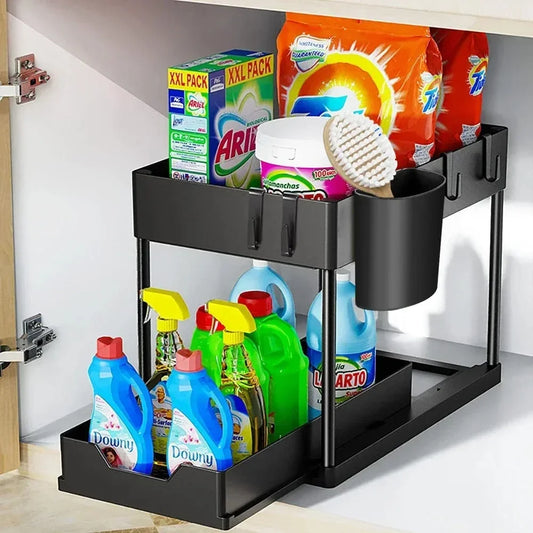 Two Tier Under Sink Organizer With Sliding Basket And Hooks
