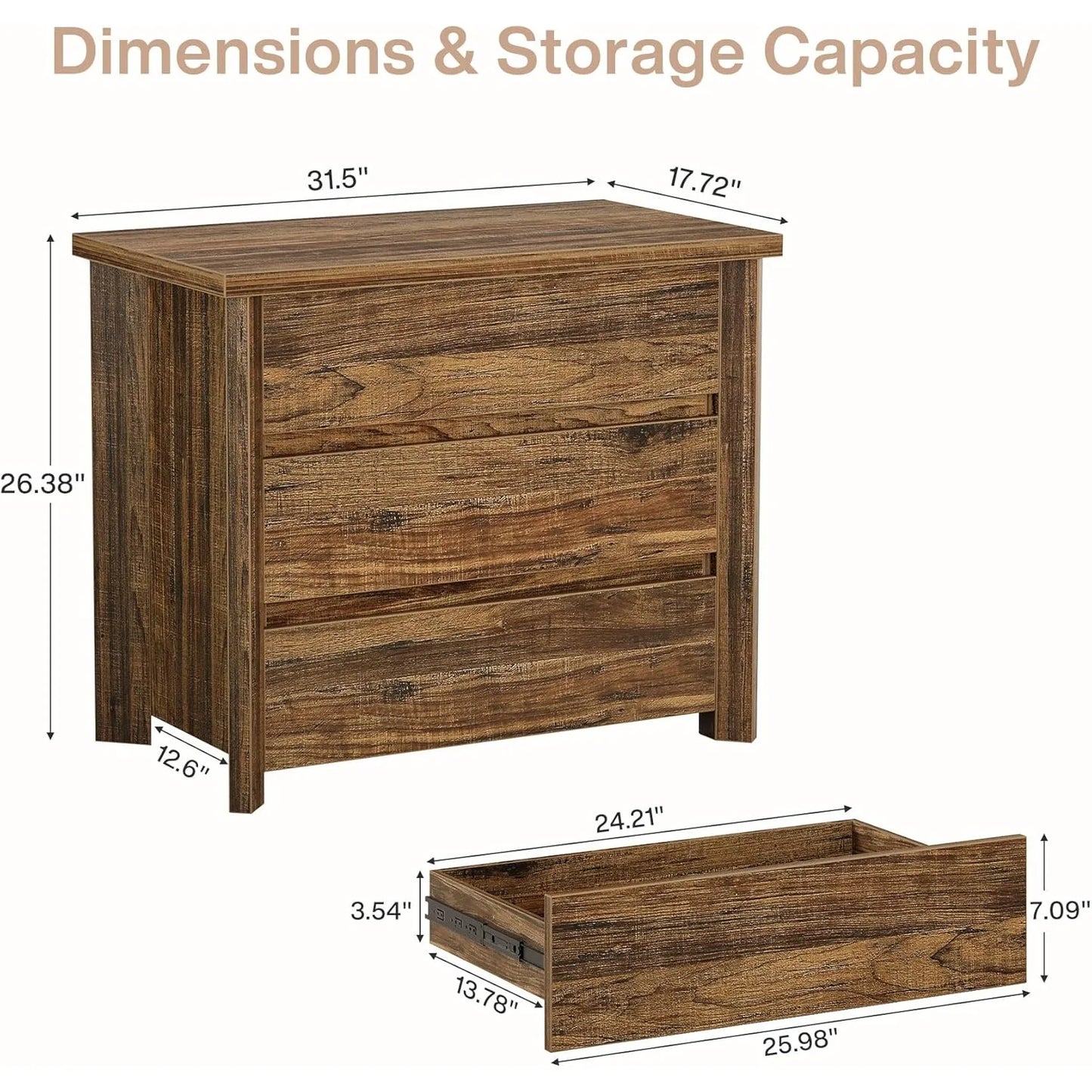 Wood Nightstand With 3 Drawers Farmhouse Bedside Table