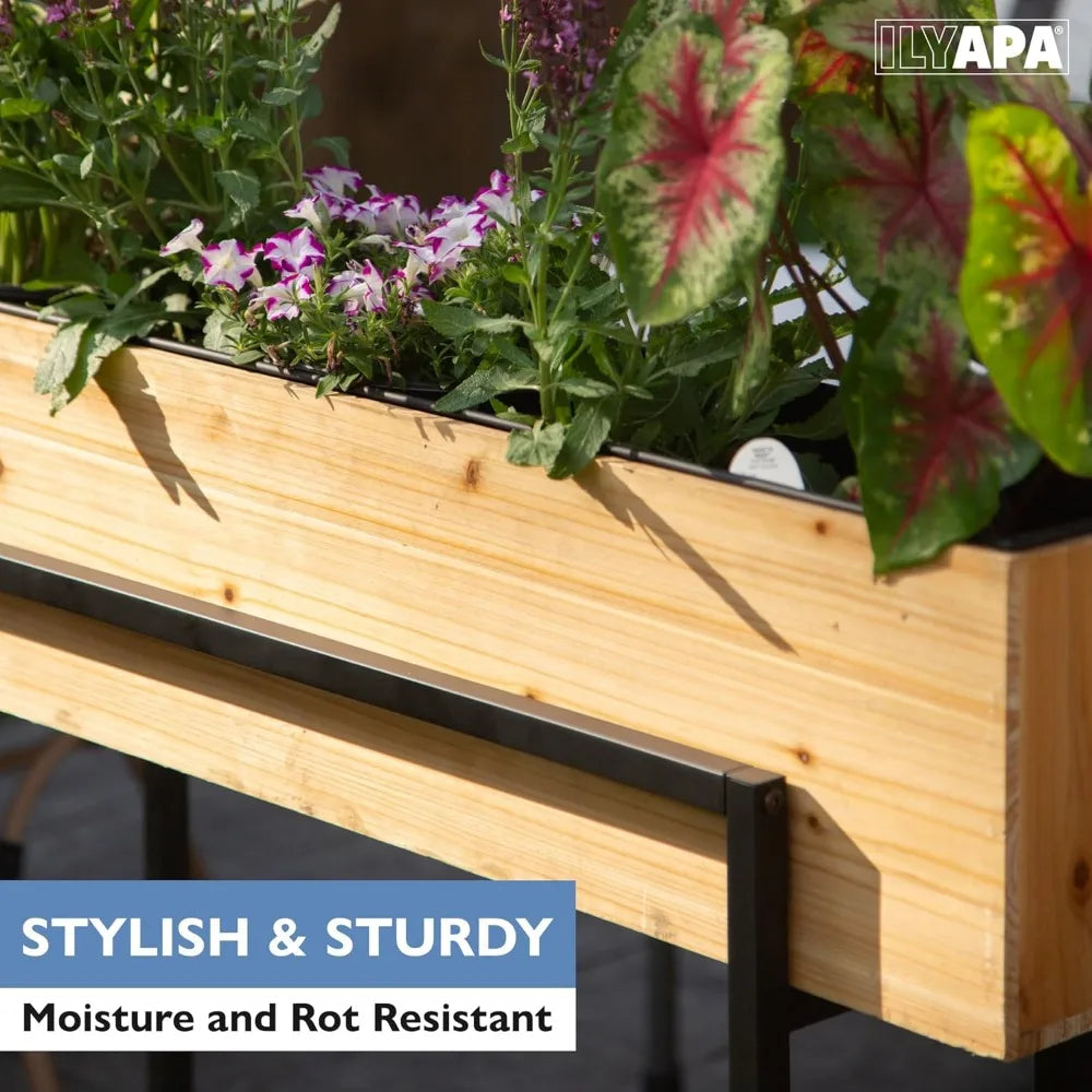 Ilyapa Raised Standing Planter with Legs Metal and Wood Elevated Planter Box 33 Inch by 29 Inch by 7 Inch Indoor Outdoor Perfect for Flower and Green Plants