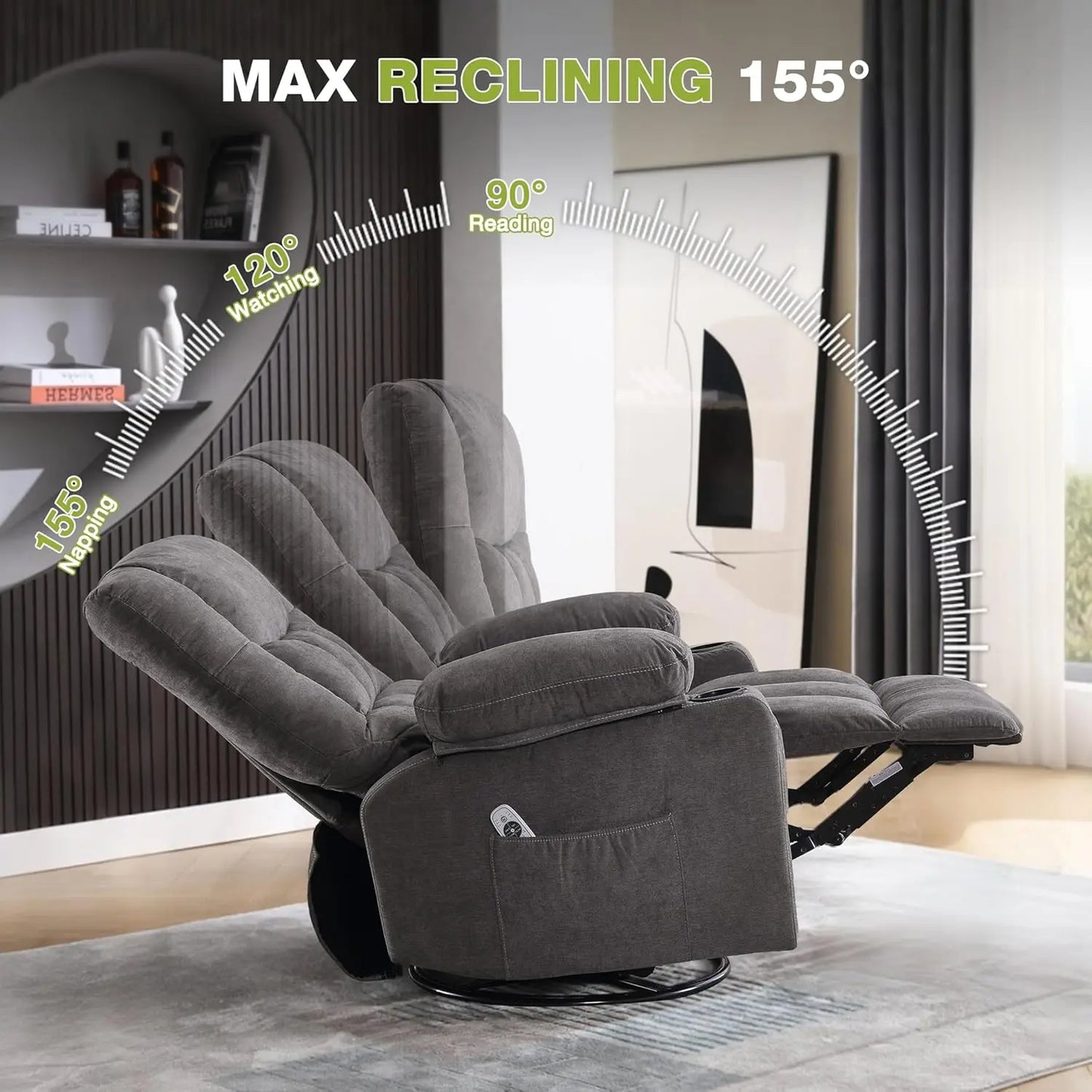 Massage Swivel Recliner Chair Oversized Rocker Recliner with Vibration Massage Lumbar Heat Ergonomic Rocker Chair for Living Room with Side Pocket Two Cup Holders USB Charge Port