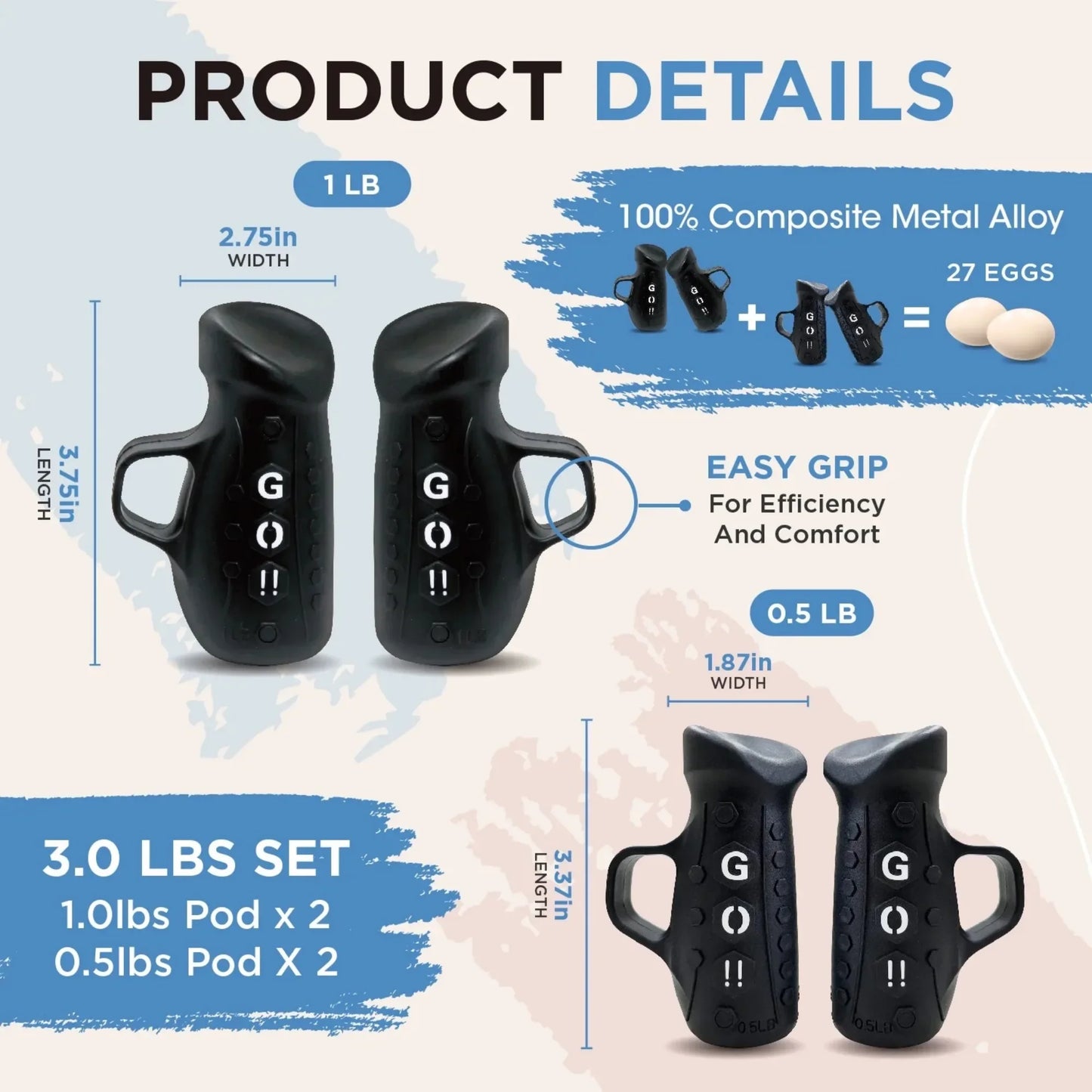 Black Dumbbell Set 1lb and Half Pound Weights for Rehab