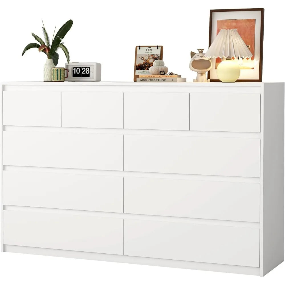 White Malm Dresser 55 Wide 10 Drawers Modern Wood Chest