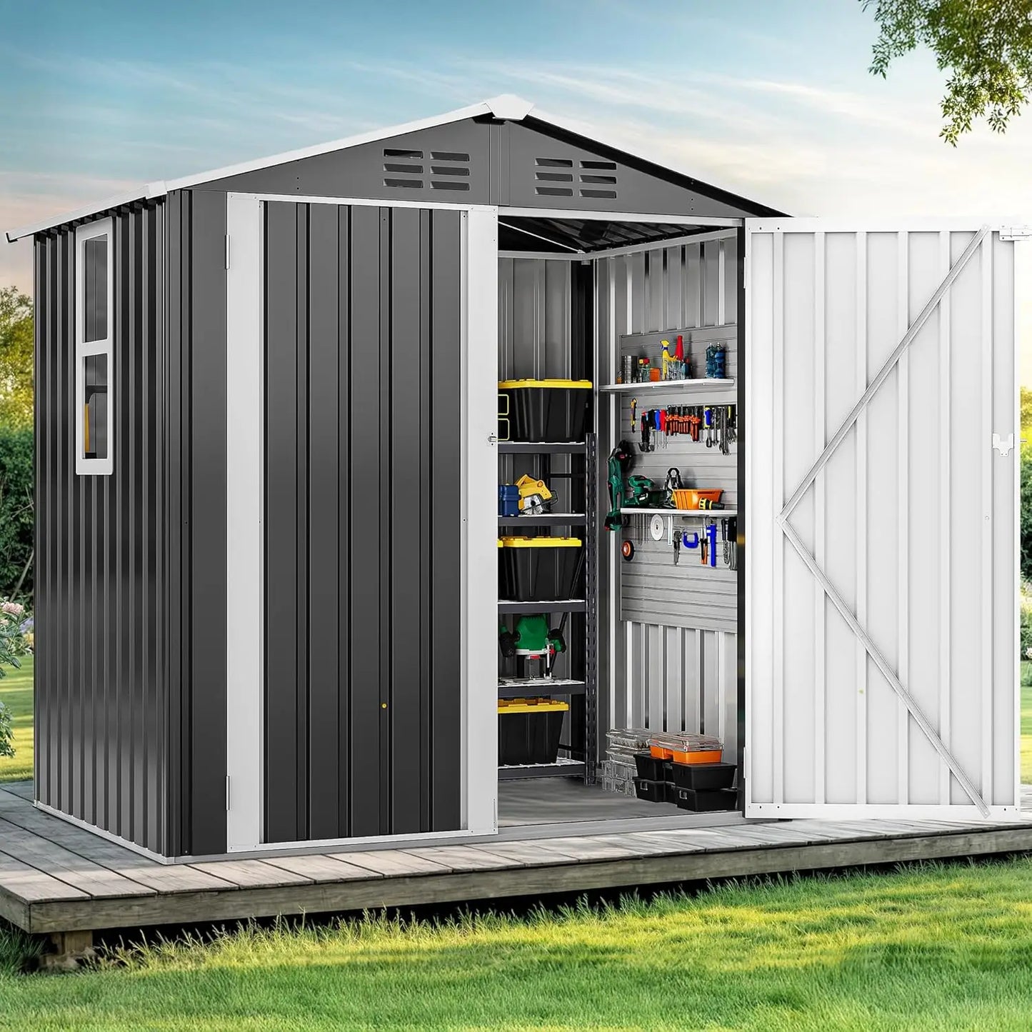 6x4ft Metal Outdoor Storage Shed With Window Lockable Steel