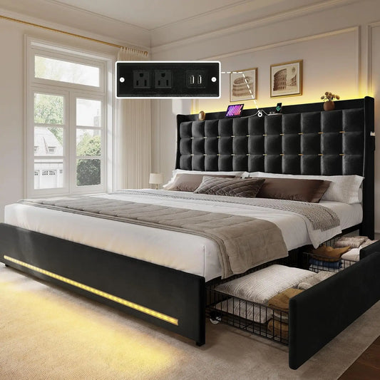 LED Lights Velvet Upholstered Platform Frame With Drawers