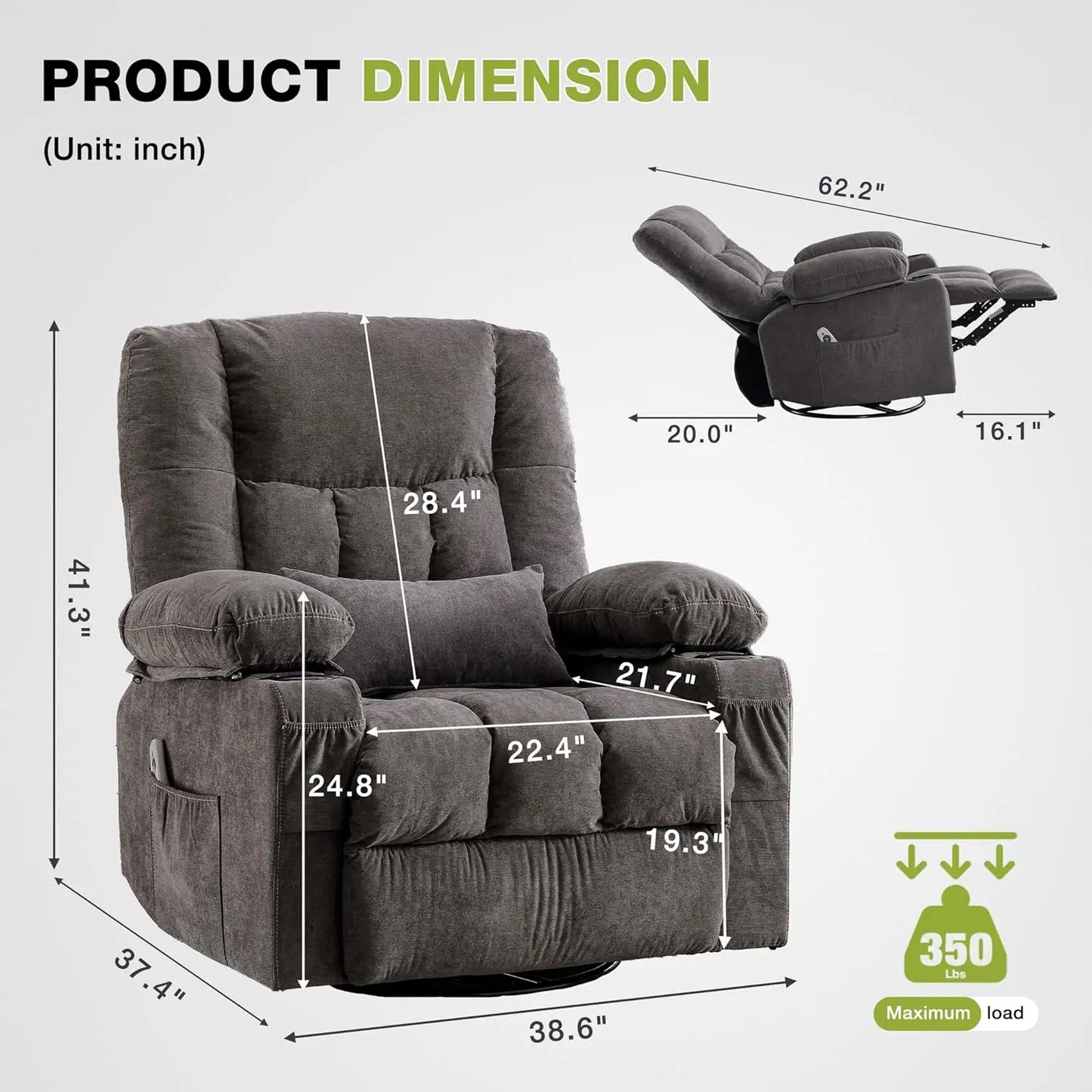 Massage Swivel Recliner Chair Oversized Rocker Recliner with Vibration Massage Lumbar Heat Ergonomic Rocker Chair for Living Room with Side Pocket Two Cup Holders USB Charge Port