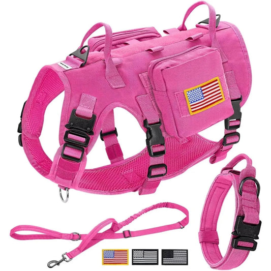 Pink Tactical Dog Harness for Large Dogs with Bungee Leash