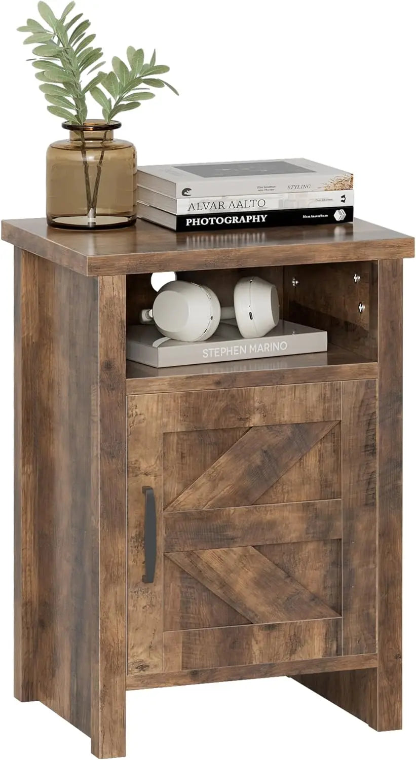 Set Of 2 Nightstands Farmhouse Barn Door With Storage Shelf
