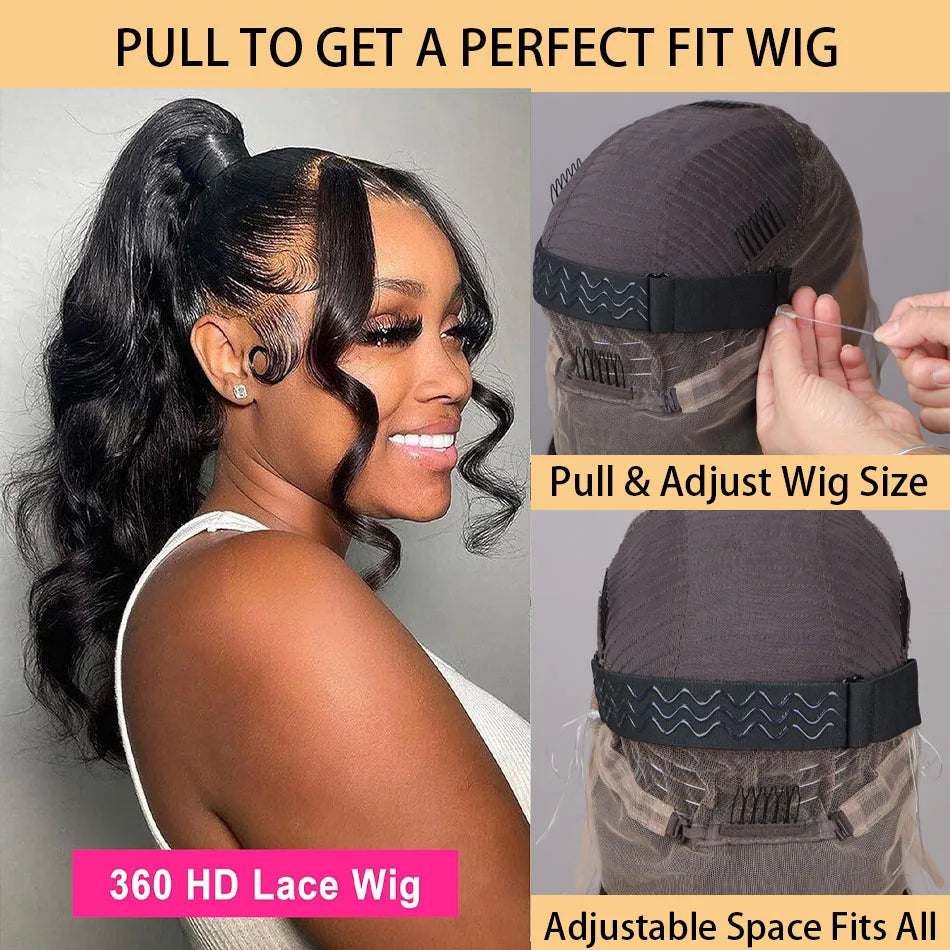 Hidden Strap Body Wave 360 Full Lace Wig Glueless Drawstring
