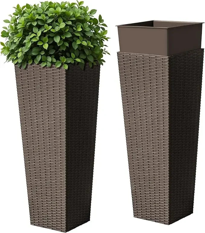 Resin Tall Outdoor Planters Set of 2 with 4 Drainage Holes