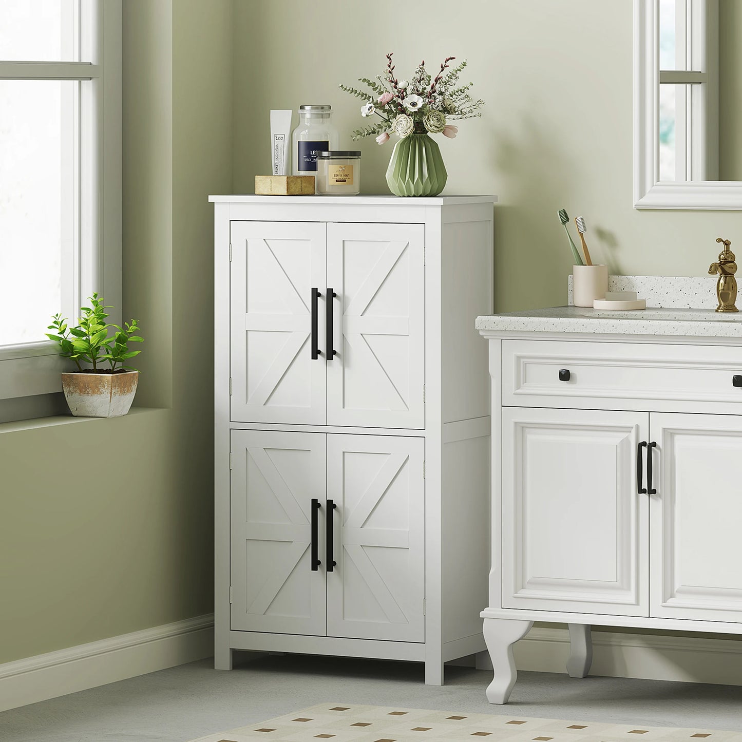 Homcom White Bathroom Floor Cabinet With Barn Doors