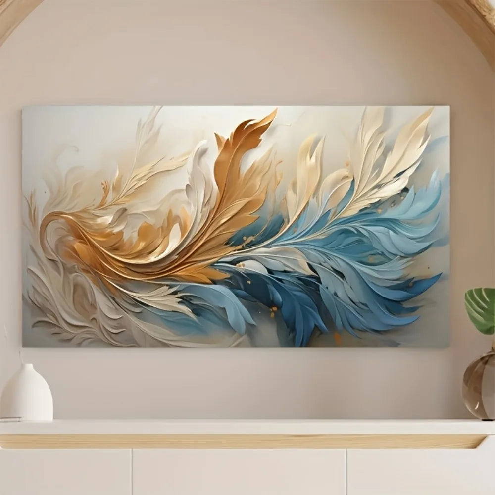 Modern Gold Feather Canvas Art With Pine Wood Frame