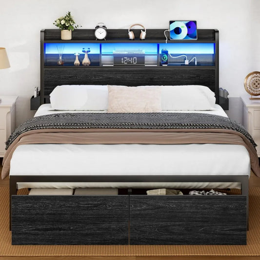 Bed Frame With Wood Headboard Metal Platform Full Storage