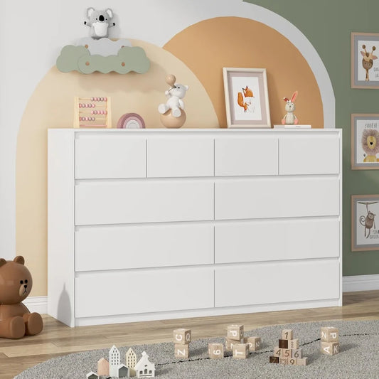 White Malm Dresser 55 Wide 10 Drawers Modern Wood Chest