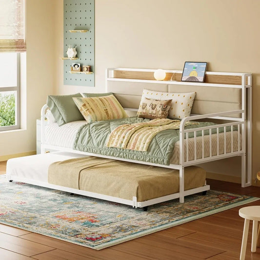 Daybed With Trundle And Metal Twin Frame Headboard Charging