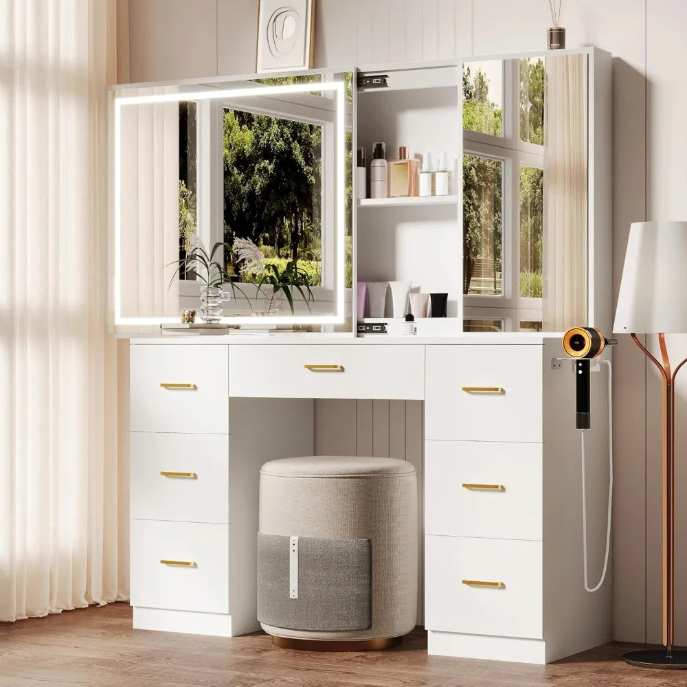 Vanity Desk Lighted Mirror Charging Station Glass Tabletop