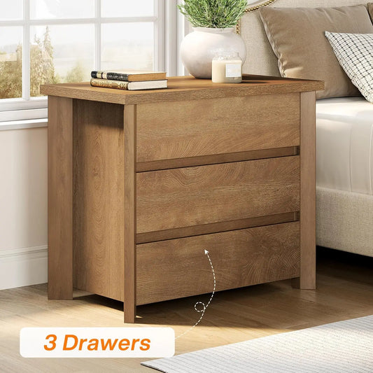 Wood Nightstand With 3 Drawers Farmhouse Bedside Table
