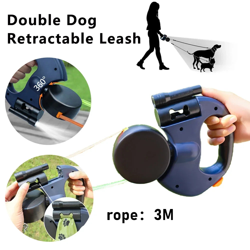 Retractable Dual Dog Leash LED Light No Tangle 360 Swivel