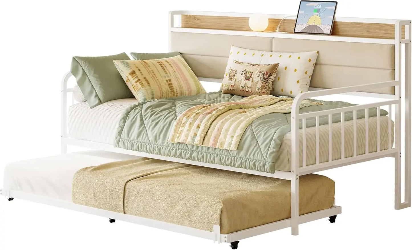 Daybed With Trundle And Metal Twin Frame Headboard Charging