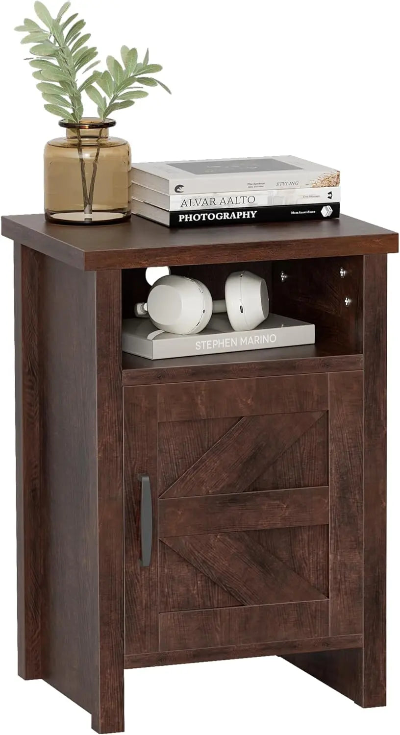 Set Of 2 Nightstands Farmhouse Barn Door With Storage Shelf