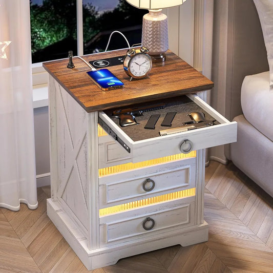Farmhouse Nightstand With Gun Drawer LED Sensor Light