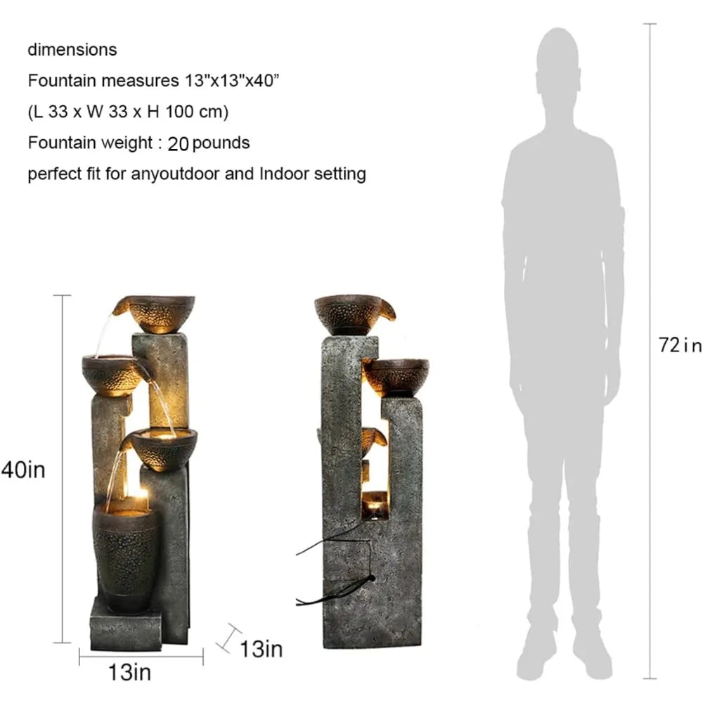 40 Inch Four Tier Outdoor Garden Water Fountain Resin Led