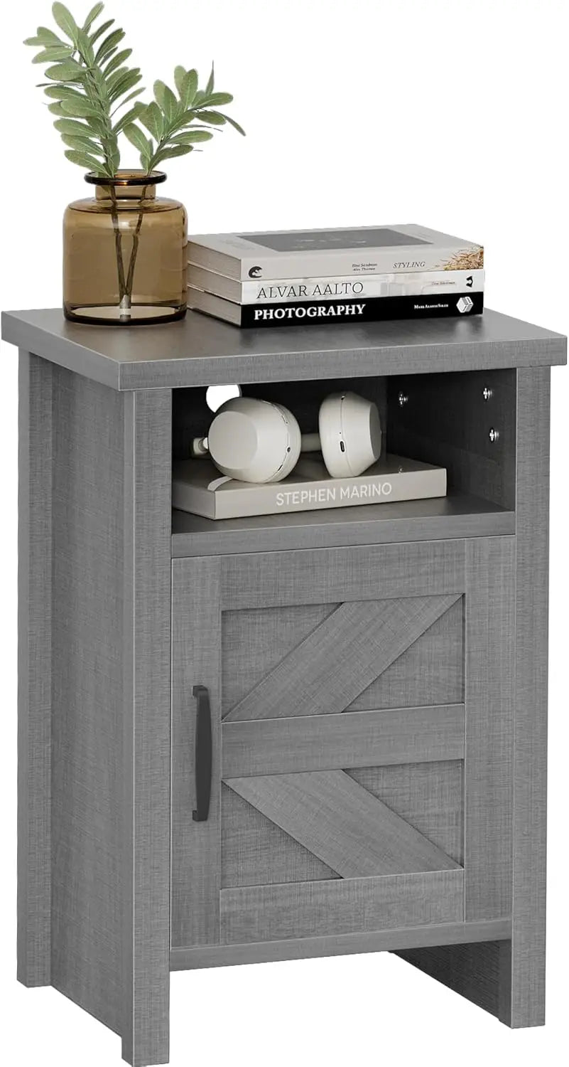 Set Of 2 Nightstands Farmhouse Barn Door With Storage Shelf