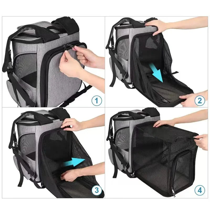 Breathable Cat Carrier Backpack Foldable Travel Bag For Cats And Dogs Expandable Large Capacity