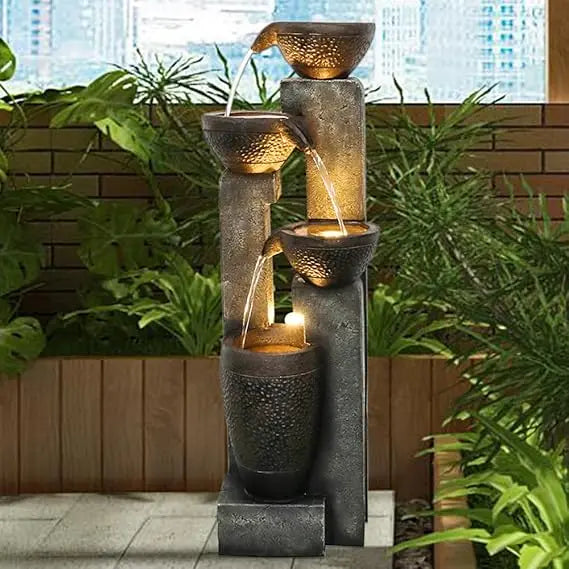 40 Inch High 4 Tier Outdoor Garden Water Fountain Resin LED