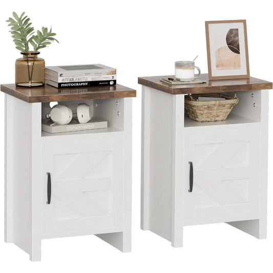 Set Of 2 Nightstands Farmhouse Barn Door With Storage Shelf