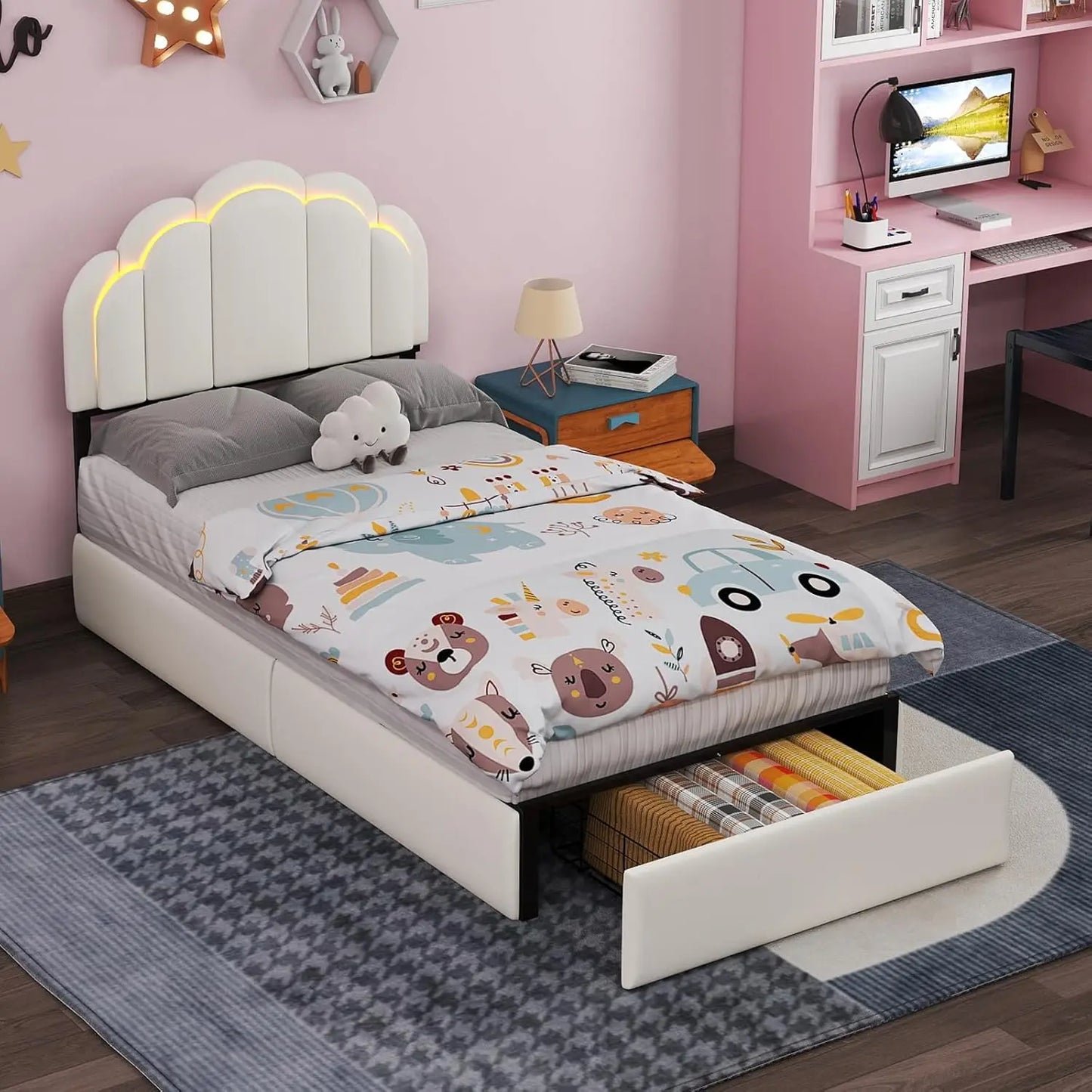 Upholstered LED Bed Frame Petal Headboard Storage Drawer
