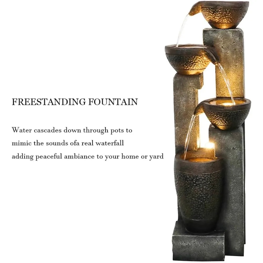 40 Inch High 4 Tier Outdoor Garden Water Fountain Resin LED