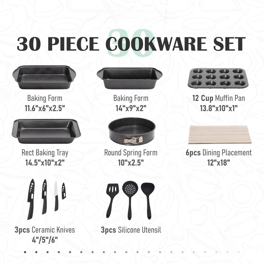 30 Piece Nonstick Granite Coated Cookware Set With Bakeware
