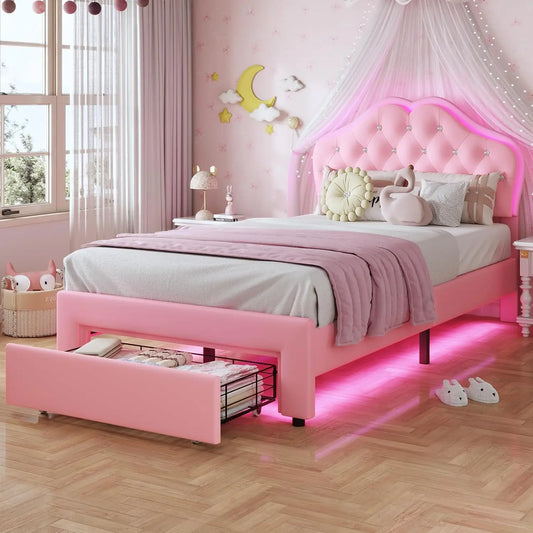 Twin Size Girl Bed Storage Drawers LED Lights Headboard