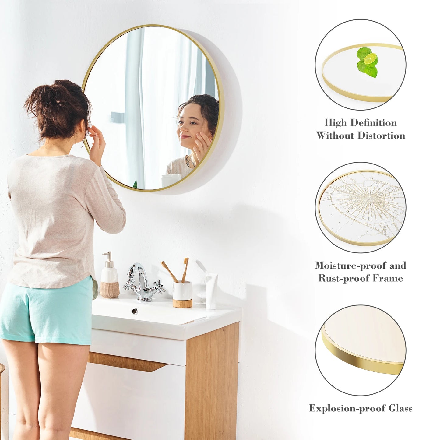 JHK Gold Round Vanity Mirror 30 Inch Matte Metal Frame