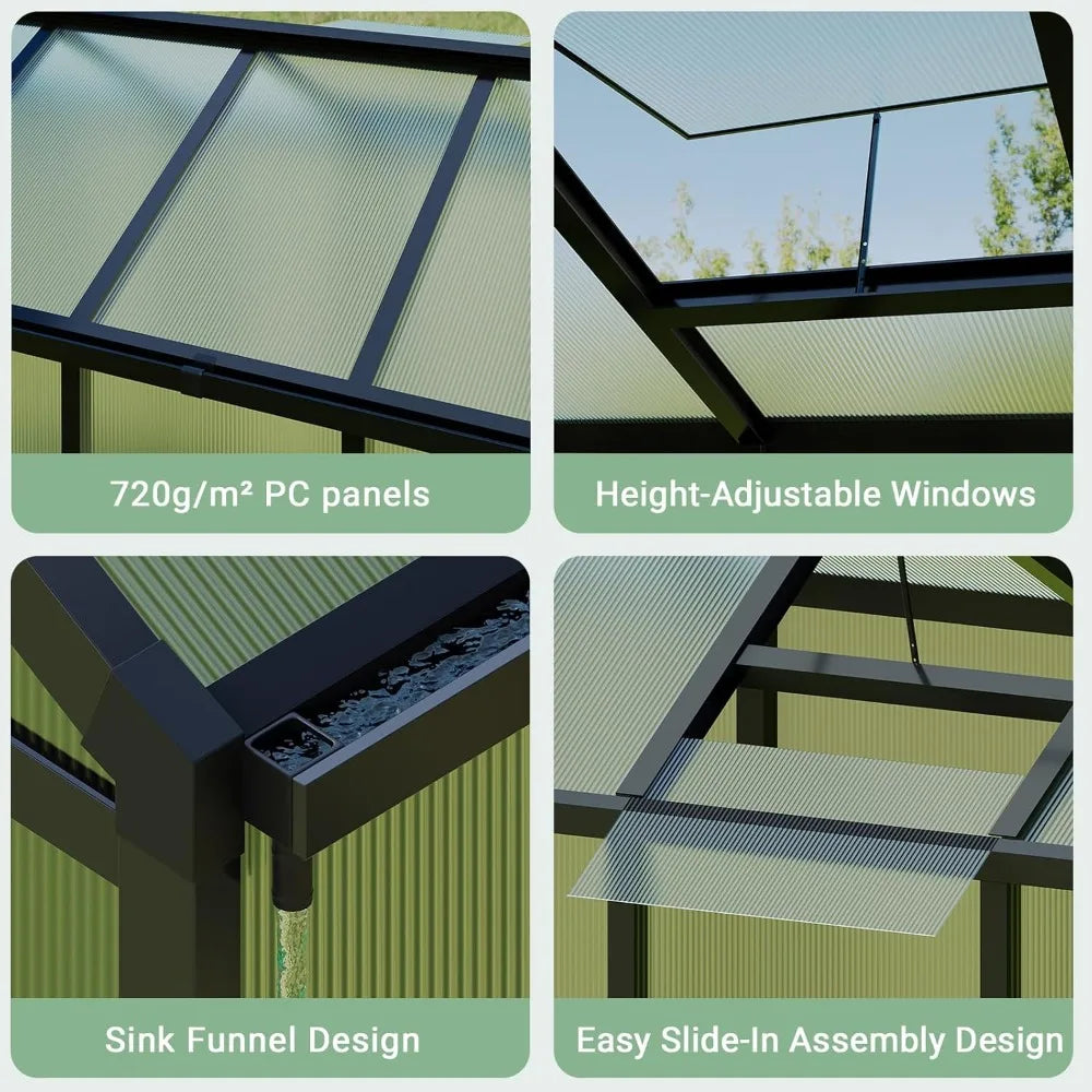 6x8Ft Greenhouse Aluminum Frame Lockable Door Polycarbonate
