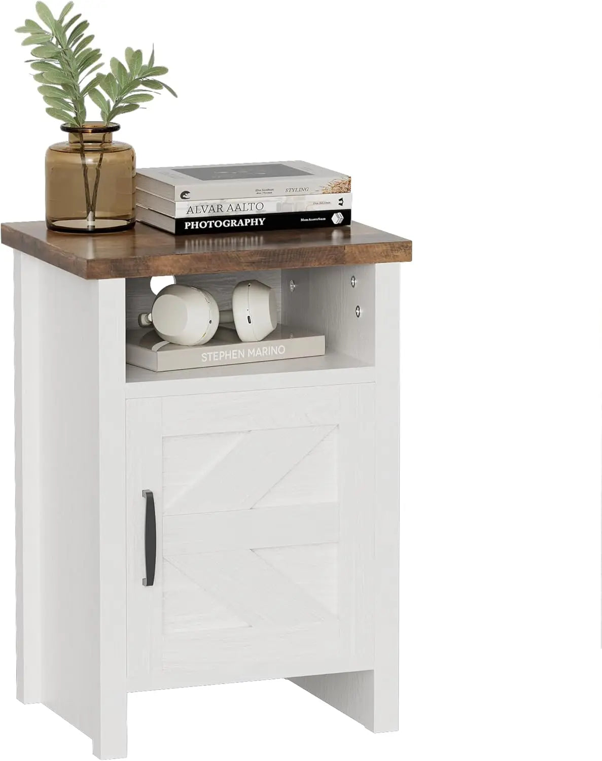 Set Of 2 Nightstands Farmhouse Barn Door With Storage Shelf