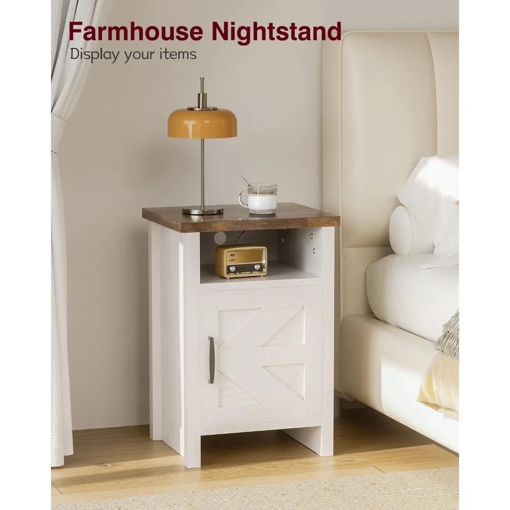 Set Of 2 Nightstands Farmhouse Barn Door With Storage Shelf