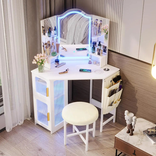 White Vanity Desk With Lighted Mirror And Charging Station