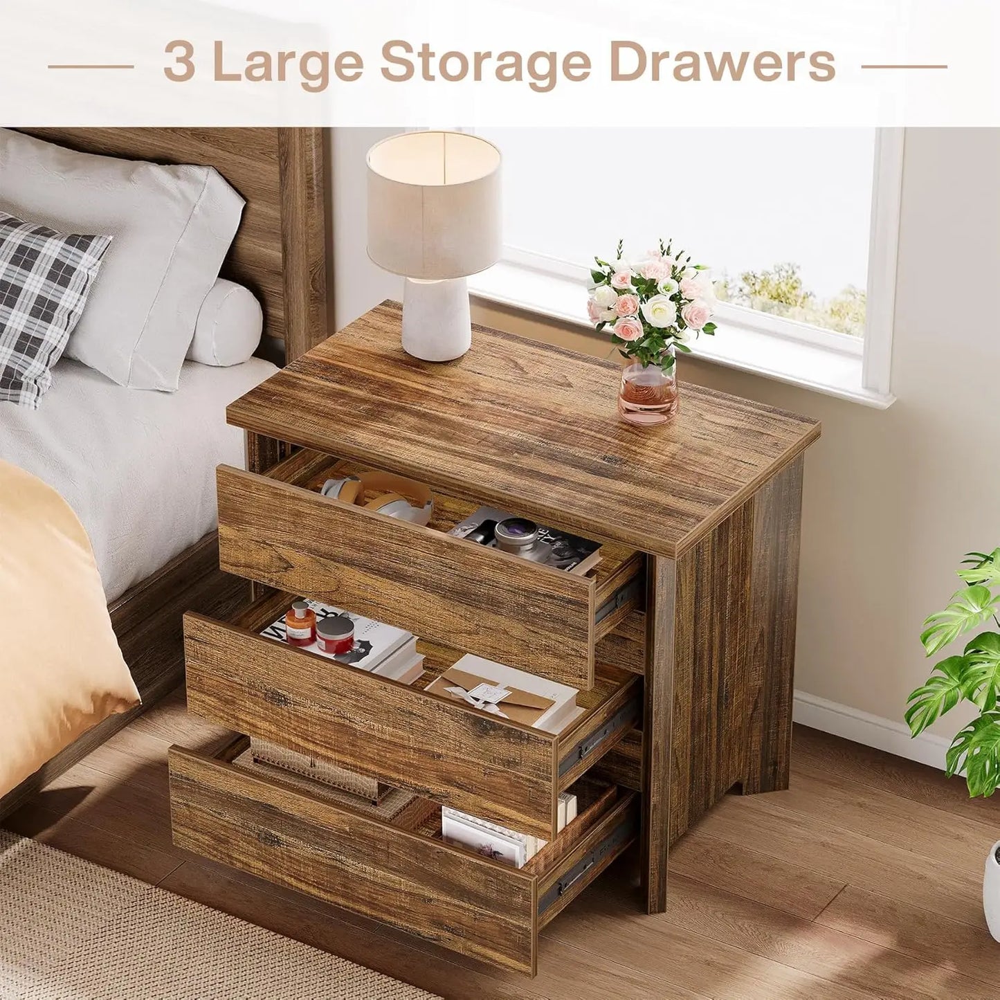 Wood Nightstand With 3 Drawers Farmhouse Bedside Table