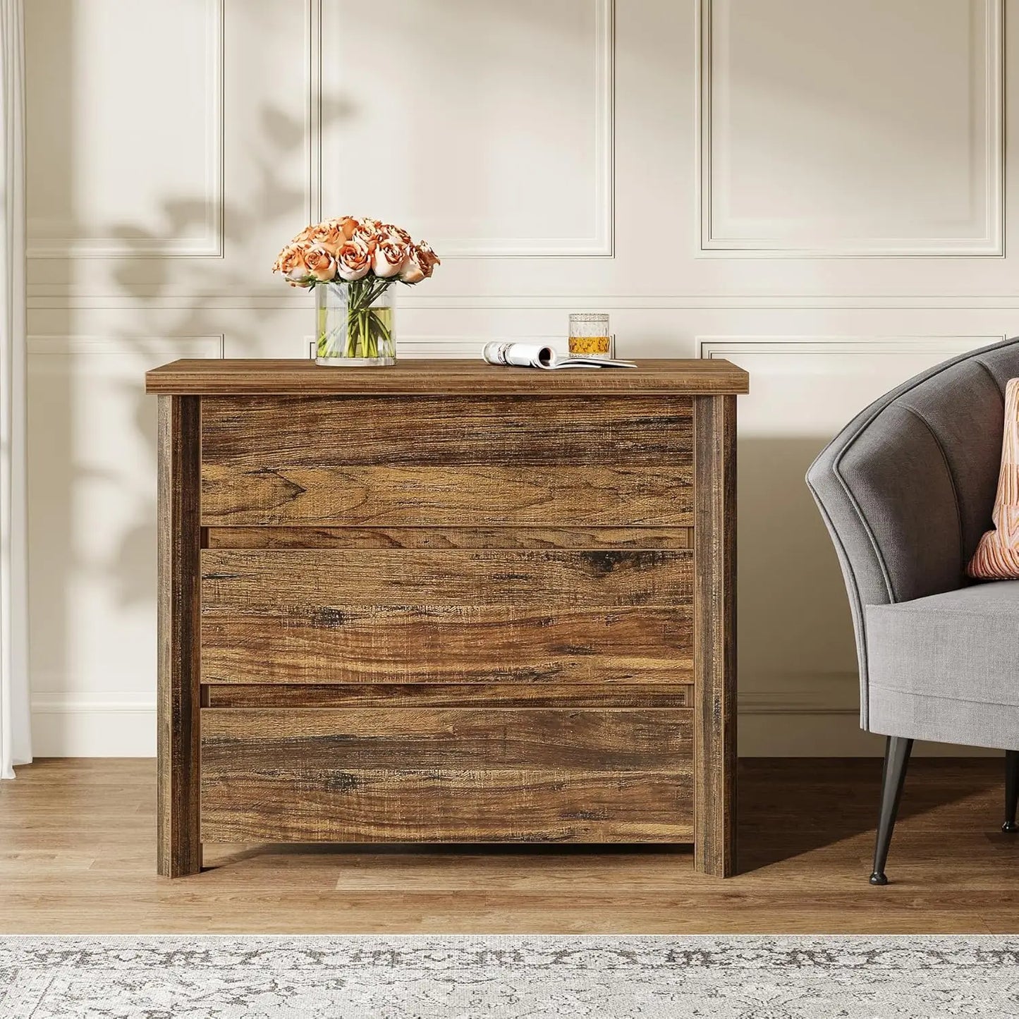 Wood Nightstand With 3 Drawers Farmhouse Bedside Table