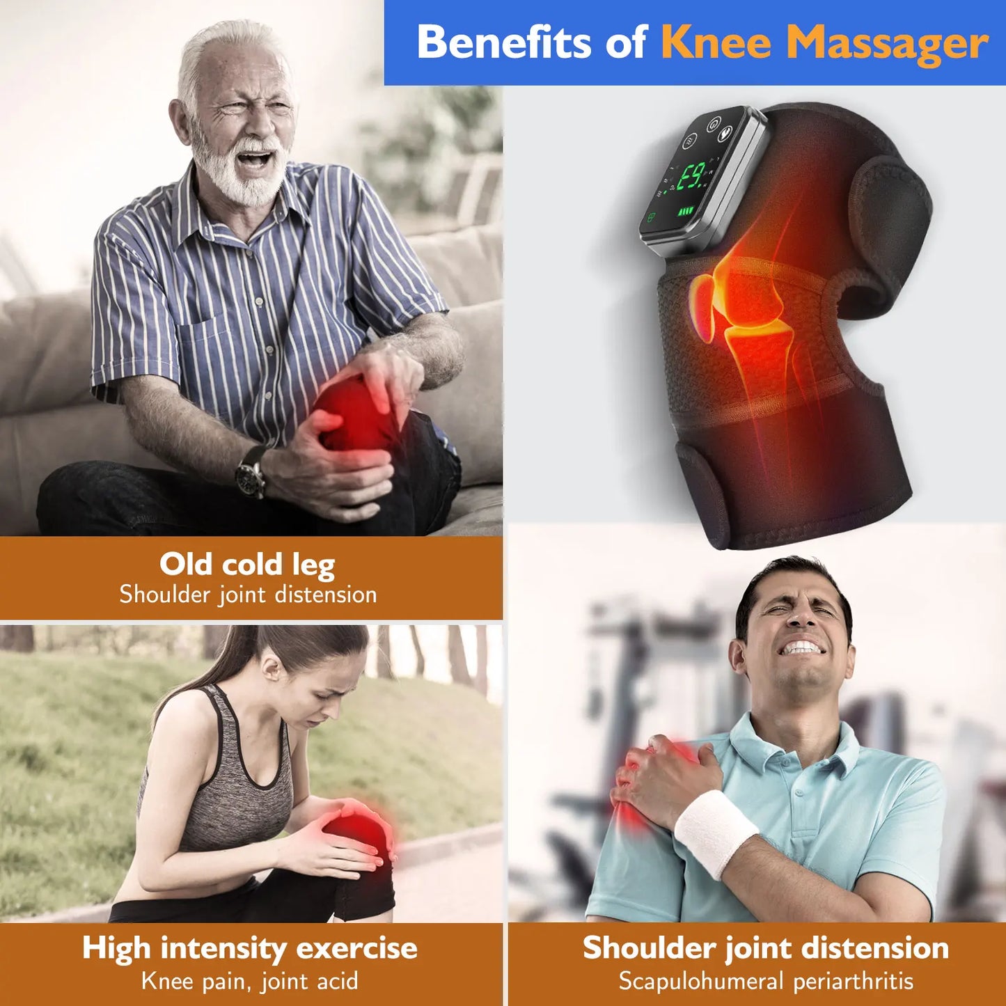 3 In 1 Shoulder Knee Elbow Heated Vibration Knee Massager Pad for Joint Pain Relief and Arthritis Support