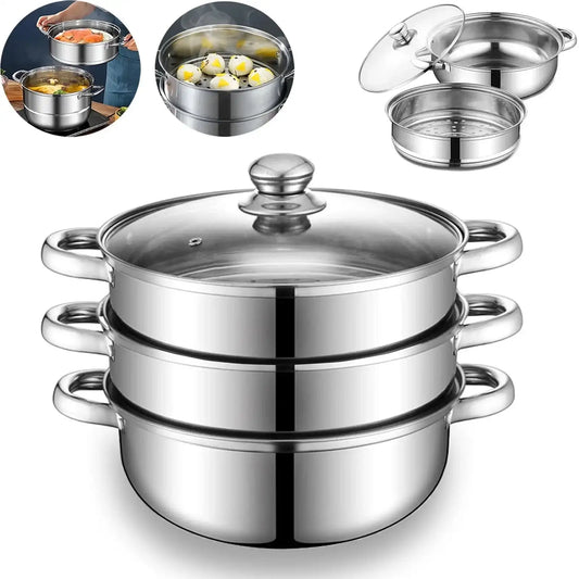 11 Inch Stainless Steel Steamer Pot 3 Tier With Lid