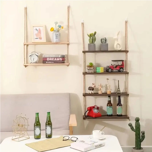 Wooden Floating Shelves For Wall With Hanging Rope Storage