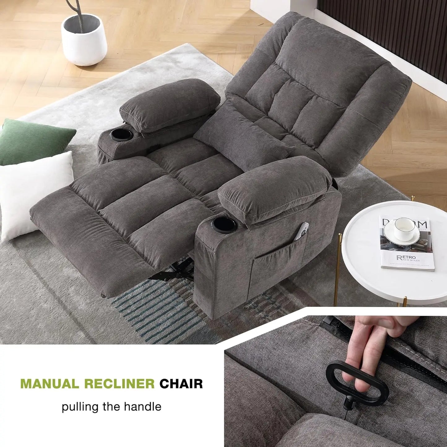 Massage Swivel Recliner Chair Oversized Rocker Recliner with Vibration Massage Lumbar Heat Ergonomic Rocker Chair for Living Room with Side Pocket Two Cup Holders USB Charge Port